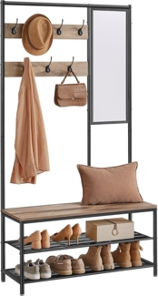 VASAGLE Kleiderständer, Garderobe, Garderobenständer mit Haken, Spiegel, Sitzbank, 35 x 98 x 180 cm, für Eingangsbereich, Schlafzimmer, Wohnzimmer, Industrie-Stil, Kamelbraun-tintenschwarz HSR415K01