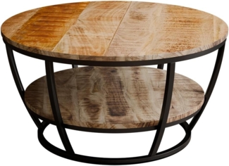 Liadomo Couchtisch Gianna, runde Platte Mangoholz massiv, Metallgestell schwarz, mit Ablage