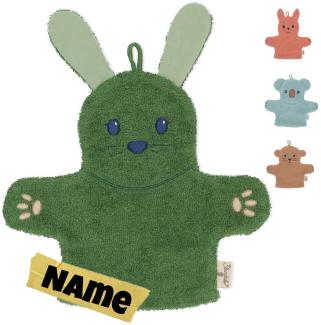 Sterntaler Waschlappen Kinder personalisiert | Waschhandschuh | Waschlappen Frottee mit Namen bestickt | 100% BIO Baumwolle | Baby Geschenke (Kinni Hase laub)