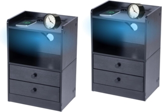 FurnitureR 2Stück LED Nachttisch, 38 x 26.5 x 56 cm, Schwarze Holzmaserung, 2 Schubladen, 16 Farben LED-Beleuchtung, 2 Ladestecker und 2 USB-Buchsen, für Schlafzimmer, Wohnzimmer, Arbeitszimmer