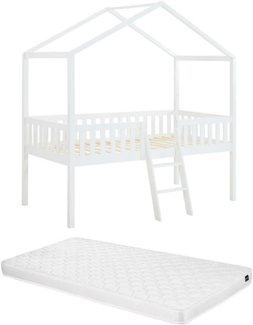 Vente-unique - Halbhohes Hausbett - 90x190 cm - Kiefer - Weiß + Matratze - NALENY