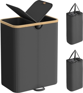 SONGMICS Wäschekorb 2 Fächer, Wäschesammler, 150 Liter, Wäschesortierer mit Deckel, Wäschetonne, Wäschesäcke herausnehmbar, für Waschküche, Schlafzimmer, Wohnzimmer, tintenschwarz-naturbeige