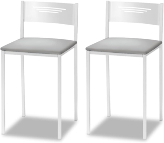 ASTIMESA - Gepolsterter Küchenhocker mit Rückenlehne - Solide und Feste Struktur - Weißes Gestell und Sitzfläche aus Kunstleder - Farbe des Sitzes: Grau, Lieferumfang: 2 Stück, Maße: 35 x 35 x 64 cm