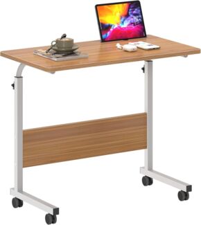 SogesHome Laptoptisch 80 * 40cm höhenverstellbar PC-Tisch mit Rollen, Betttisch, Beistelltisch,Kleiner Schreibtisch,Oberfläche mit Einschnitt,Teak 05#3-80OK-SH