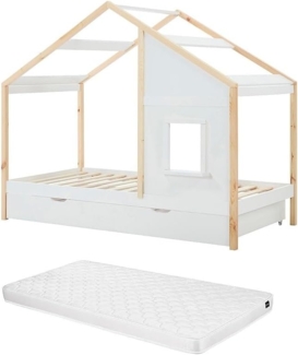 Vente-unique - Häuschenbett 90x190 cm – Mit Schublade + Matratze – Kiefer & MDF – Weiß/Natur – RINELYA