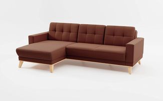 CAVADORE Ecksofa Lima mit Longchair / Couch in L-Form mit Wellenfederung, Holzrahmen + Steppung im Rücken / Strukturstoff, Rot-Braun