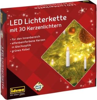 Idena 38192 - LED Kerzen Lichterkette mit 30 LEDs in Warmweiß, elfenbeinfarbene Kerzen mit Befestigungs-Klemmen, ca. 16 m, Deko für Innen, Weihnachtsdeko und Beleuchtung für den Weihnachtsbaum