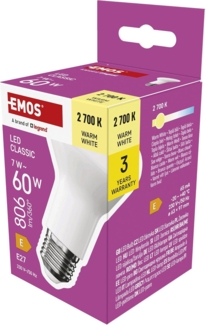 EMOS LED Lampe Reflektor-Form, 7W Ersatz für 60W Glühbirne, R63 Scheinwerfer-Birne mit E27 Sockel, Helligkeit 806 lm, Warmweiß 2700 K, 30000 h Lebensdauer, CRI min. 80, 120° Abstrahlwinkel