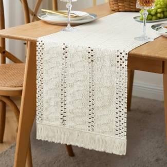 GlasFlength Tischläufer Boho 30x180 cm, Outdoor landhausstil Tischläufer Modern Baumwollflachs Beige Table Runner Vintage Tischdecke mit Quasten Abwaschbar Läufer Tisch für Hochzeit Küche Esstisch Deko