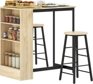 HOMCOM Bargruppe 3-tlg. mit Küchentisch, Stauraum, 2 Hocker, Fußstützen, (Bartisch mit Barhocker Set, 3-tlg, Bartisch-Set), im Modern-Stil, platzsparend, für Esszimmer, Küche, Stahl, Eiche