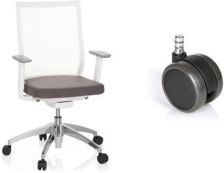 hjh OFFICE 657630 Profi Bürostuhl Aspen Stoff/Netz Weiß/Grau Drehstuhl ergonomisch + Bürostuhl-Rollen 11mm x 65mm Hartboden