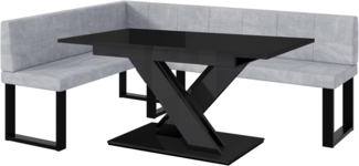 MEBLINI Eckbank für Esszimmer mit ausziehbarem Tisch - Küchenbank - Essecke - Sitzecke Küche - PETER - U-Beine 142x196x87cm Links - Hellgrau Samt/B Schwarz Hochgl.