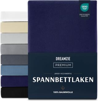 Dreamzie Premium Spannbettlaken 200x200 cm, Spannbetttuch für Dicke Matratzen bis zu 27 cm, Bettlaken 100% Jersey Baumwolle, 150 g/m², Oeko-TEX zertifiziert - Dunkelblau