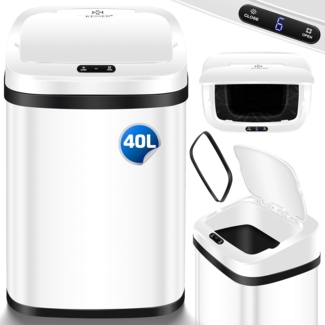 KESSER® Sensor Mülleimer Küche | Automatik mit Bewegungssensor Abfalleimer & Soft-Close-Deckel | Müllbehälter mit Touch-Bedienfeld & Sensor | LCD-Display | Edelstahl | inkl. Müllsackhalter Weiß, 40 Liter