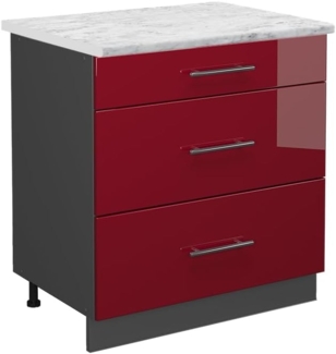 Vicco Küchenunterschrank Fame-Line, Bordeaux Hochglanz/Anthrazit, 80 cm mit 3 Schubladen, AP Marmor