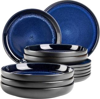 Modernes Teller Set fr 6 Personen in aufregendem Vintage Look, 12-teiliges Tafelservice aus Keramik in Blau und Schwarz