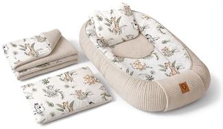 Babynest Nestchen Baby Set für Neugeborene – 5-teilig – Kuschelnest aus 100% Baumwolle & Waffelpique – Babykokon tragbar – für Babybett, Kinderbett & Kinderwagen – OEKO-TEX - Safari und Sand