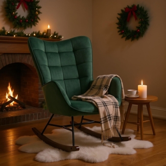 MEUBLE Cosy Relaxsessel, Bequemer Schaukelstuhl, Schaukelsessel für Wohnzimmer aus Samt mit Holz und Metallfüßen