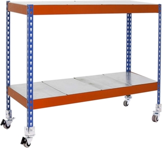 Simon Rack SimonTaller Industrieregal, 975 x 1200 x 750 mm, 75 kg Flexion-Punkt, 2 Regalböden, Metallregale, inklusive Rollen, Blau/Orange/Galva