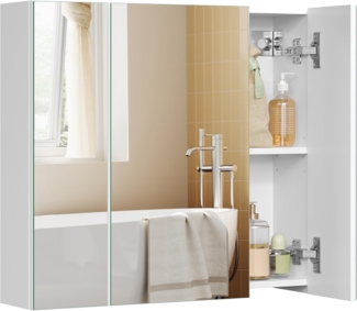 Vasagle Spiegelschrank, Badezimmerschrank, Aufbewahrungsschrank mit 3 Türen, fürs Badezimmer, 15 x 60 x 55 cm, mit verstellbaren Regalebenen, modern, weiß BBK22WT