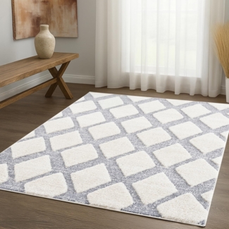 Teppich Wohnzimmer Hochflor - Boho - Skandinavisch - 80x150cm - Pastell Creme Grau - Raute Muster - Flauschig Weich - Wohnteppich Schlafzimmer Dekoration