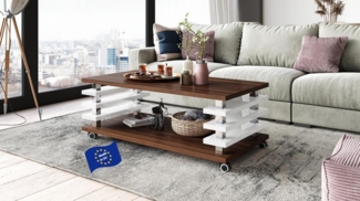 designimpex Couchtisch Carl Svensson DC-3 Wohnzimmertisch Rollen Nussbaum - Weiß Hochglanz