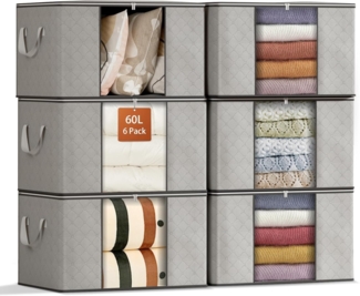 GoMaihe 6 Stück 60L Aufbewahrungstasche Groß Aufbewahrungsbox mit Deckel Verstärkte Griffe nicht leicht zu reißen, für Kleidung Bettdecken Kissen Aufbewahrung Boxen, Umzugskartons mit Fenster Faltbare