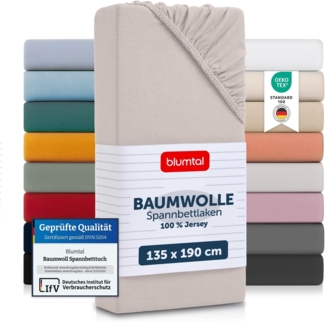 Blumtal® Baumwolle Spannbettlaken 135x190 cm Basics Jersey im 2er Set - Bettlaken 135x190 cm - Oeko-TEX zertifiziertes Spannbetttuch 135x190 cm - Matratzenbezug 135x190 cm - Leintuch - Elfenbein