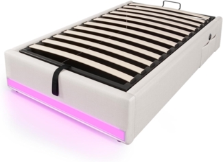 Futonbett mit LED-Beleuchtung, Aufbewahrung und Mehrfachsteckdose, 90x200 cm, Einzelbett ohne Kopfteil, Leinen