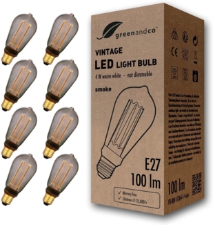 greenandco 8x LED Vintage Glühbirne zur Stimmungsbeleuchtung | E27 ST64 | smoke | 4W 100lm | 1800K extra warmweiß | 320° | 230V | flimmerfrei | nicht dimmbar | Edison Glühbirne