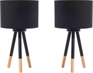 'Tobol' Tischlampe Schwarz Holz und Metall 2er Set runder Stoffschirm Dreibeinig langes Kabel mit Schalter Skandinavischer Stil
