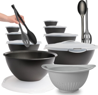 Hausfelder Salatschüssel Schüssel Set groß mit Deckel, 0,7-6 L Anthrazit Schwarz, Kunststoff, (Set, 21-tlg), Schüsseln 1x6 L, 1x3,6 L, 1x1,9 L, 1x0,7 L + Salatbesteck