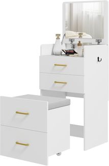 HOMCOM Schminktisch mit Rollhocker, Spiegel, 3 Schubladen (Kosmetiktisch, 1-St, Frisiertisch), Frisierkommode für Schlafzimmer, Weiß