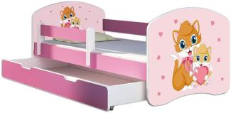 Kinderbett Jugendbett mit einer Schublade und Matratze Rausfallschutz Rosa 70x140 80x160 80x180 ACMA II (33 Miezekatzen, 70x140 cm + Bettkasten)