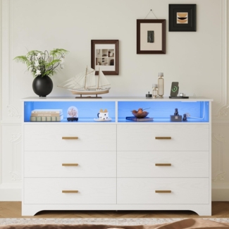 IRONCK Kommode Weiß mit 6 Schubladen, Komodenschrank mit LED-Streifen und 2 Steckdosen, 1 USB+1 Typ-C-Anschlusse, Schubladenschrank für Schlafzimmer, Wohnzimmer, Arbeitszimmer Flur, 150cm Breite