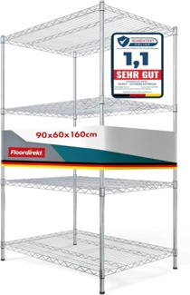 Floordirekt Küchenregal, Gitterregal, Metallregal | Tragkraft ca. 70kg je Boden Multifunktionales Aufbewahrungsregal, Badezimmerregal, Lagerregal, Kellerregal Chrom (90 x 60 x 160 cm | 4 Böden) Everest