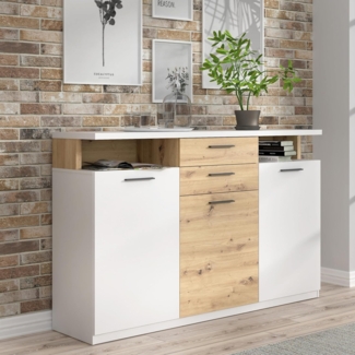 Forte WOY Sideboard 170, modernes Sideboard mit Ablage-Aufsatz, 3-türig, 2 Schubladen, Wohnzimmer, Flur, Holzwerkstoff, Weiß mit Artisaneiche Holzdekor, 169,6 cm breit x 106,5 cm hoch x 42 cm tief