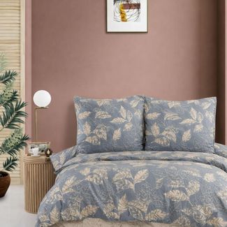 ZIRVEHOME Bettwäsche Baumwolle Bettbezug Graublau Beige Elegantes Blattmuster, Arina V1, Renforce, 3 teilig, 240x220 Baumwolle Natur-Design Graublau, Beige Blattmuster