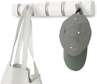 Umbra Flip 5 Garderobenhaken – Moderne, Schlichte und Platzsparende Garderobenleiste mit 5 Beweglichen Haken für Jacken, Mäntel, Schals, Handtaschen und Mehr, Hochglanz Weiß