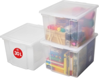 Iris Ohyama Vielseitige Aufbewahrungsbox mit Deckel, Stapelboxen, 30L, 3er-Set, Transparent, Stapelbar, Plastik, Für Schrank, Regale, Organisation, Kleidung, Bettlaken, Plastikbox mit Deckel, USB-M