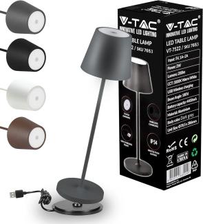 V-TAC Dimmbare LED Tischlampe Kabellos mit Touch-Bedienung - Wiederaufladbar Grau Lampe für den Innen und Draußen - Außenbereich IP54 - Hause Restaurant - 4400-mAh-Akku - Warmweiß 3000K