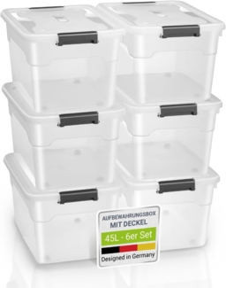 Juskys Aufbewahrungsbox mit Deckel, 6er-Set, stapelbar, Kunststoff transparent, 45 Liter