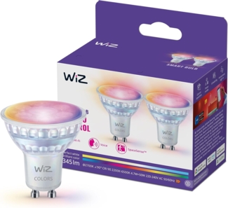 WiZ Smart LED Glass GU10 Spotlight, Full Color and Tunable White, 50 W Äquivalent, 2200–6500 K, 345 Lumen, dimmbar, kompatibel mit Alexa, Google Assistant und Apple Home, 2er-Pack