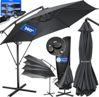 KESSER® Alu Ampelschirm Sonnenschirm + Abdeckung Ø300 cm & Kurbelvorrichtung Kurbelschirm mit Ständer UV-Schutz Aluminium Wasserabweisende Bespannung 360° Funktion Garten-Schirm Marktschirm Anthrazit