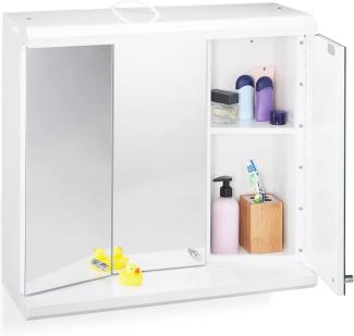 Relaxdays türig, 6 Fächer, Steckdose, Badezimmer, Hängeschrank H x B x T: 58 x 60 x 23 cm, weiß, 70% Stahl, LED Spiegelschrank mit 3 Türen