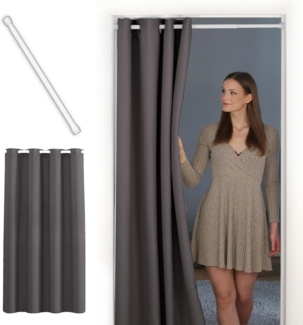 tinycurtains Türvorhang mit Stange weiß 55-90 cm ohne Bohren, Thermo Vorhang Tür, Ösen, abdunkelnd, Polyester, grau Nebula, Türgardine mit Klemmstange Raumtrenner verdunkelnd