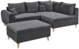 CALANDA Ecksofa mit Hocker, Stoffbezug Anthrazit - Moderne Eckcouch mit Kissen & Massivholz Füßen - 249 x 94 x 175 cm (B/H/T)