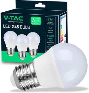 V-TAC 3x LED Glühbirne E27 G45-4,5W (entspricht 40W) - 3er Pack - 470 Lumen - LED Glühlampen - Energiesparlampe - Licht 6500K Kaltweiß