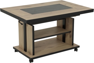 Hela Tische, Couchtisch mit 3 Funktionen Berlin, Dekor Artisan Eiche, Schieferplatteneinlage, Ausziehbar, Höhenverstellbar mit Lift, Kunststoff-Rollen mit Bremse