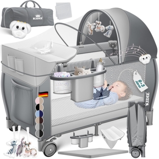 KIDIZ® Babybett Reisebett Kinderreisebett Faltbar mit Matratze 120x60, Seiteneingang, Wickelauflage, Mosktionetz, Spielbogen & Tragetasche Baby Beistellbett Kinderbett ab Geburt bis 15 kg Grau